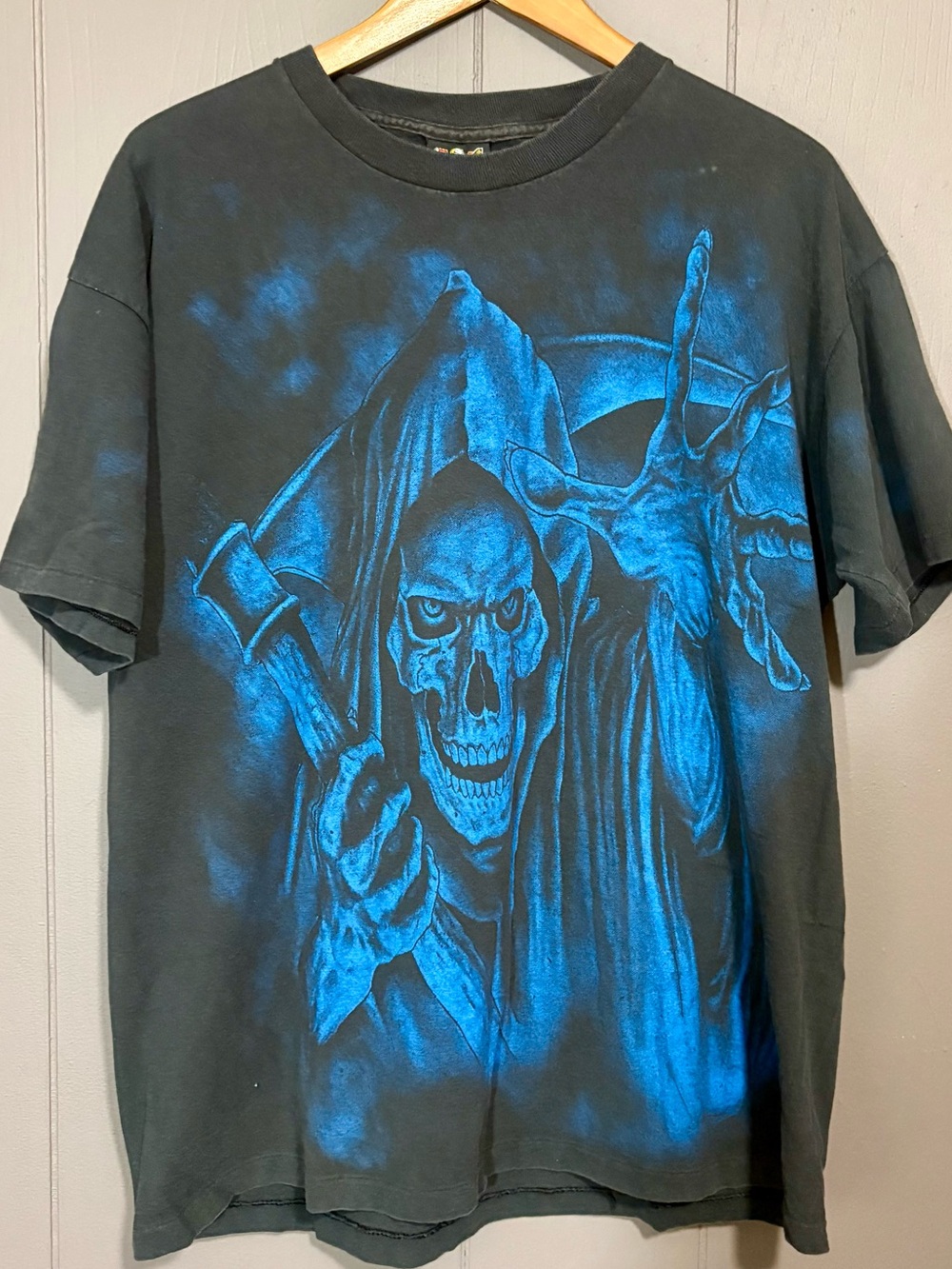 3D EMBLEM Vintage One Stitch Black Graphic Skull Reaper Tee - Picture 2 of 7